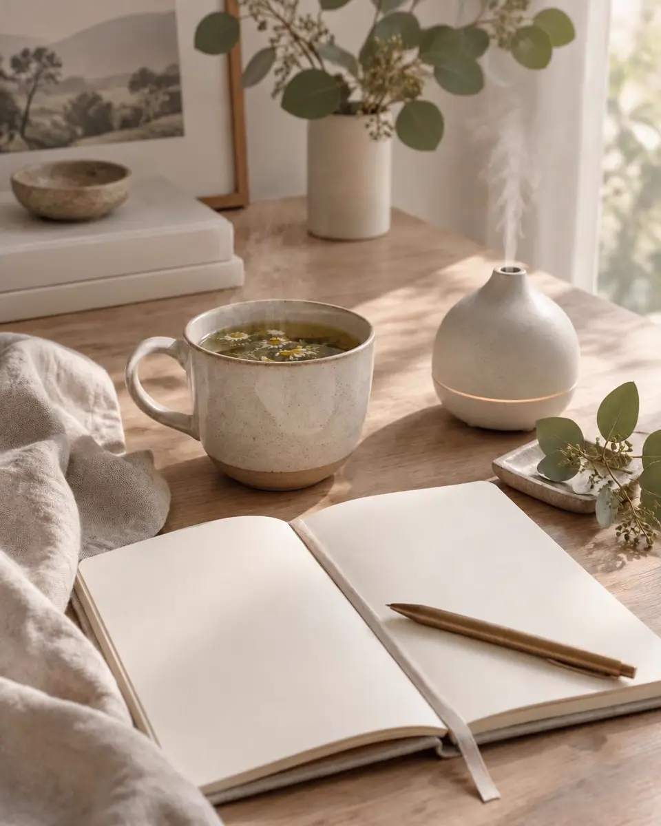 Chá, caderno e aromas em uma mesa iluminada